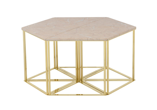 Table basse hexagonale en marbre crème DOMINO