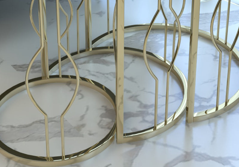 Table gigogne en métal doré, marbre jaune, fil de verre incassable, MELODİ 
