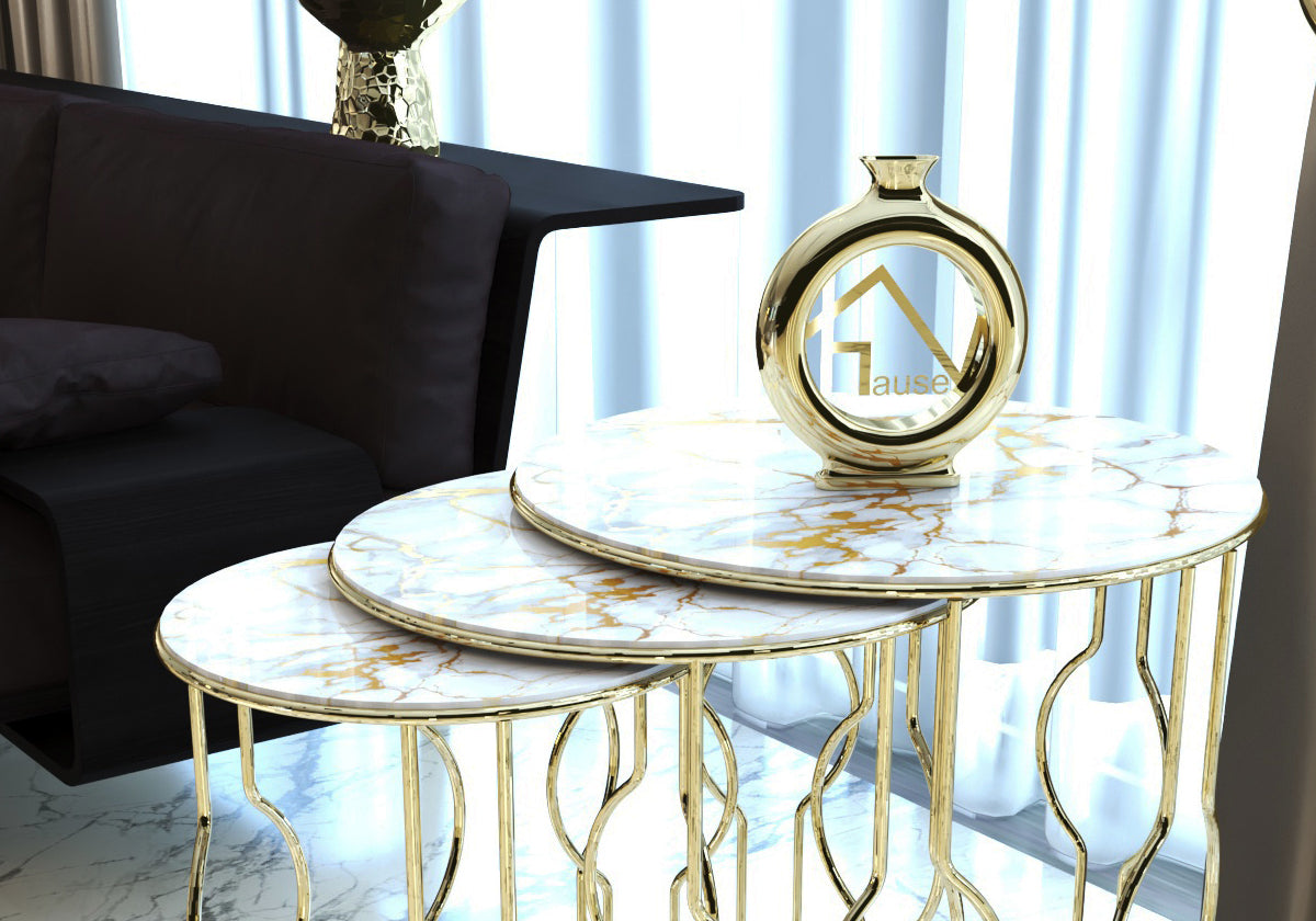 Marbre jaune brillant fil de verre incassable Table gigogne en métal doré MELODİ