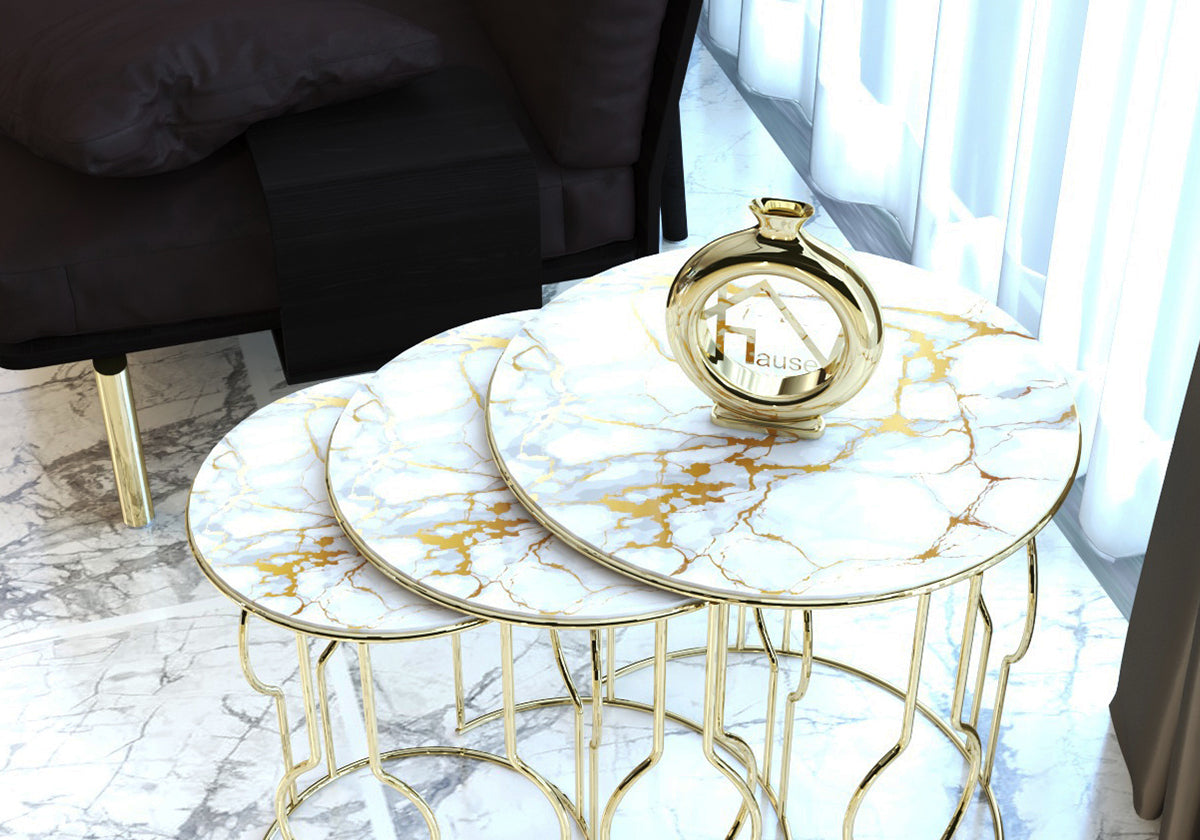 Marbre jaune brillant fil de verre incassable Table gigogne en métal doré MELODİ