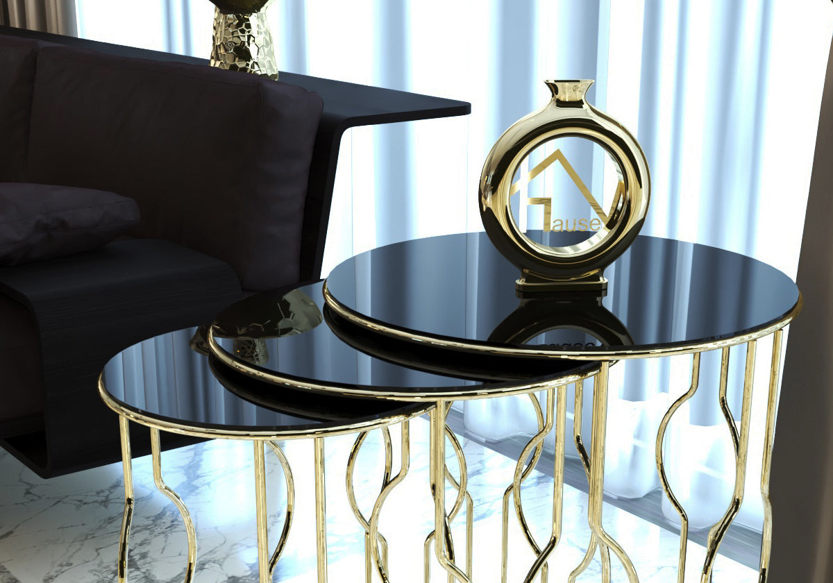 Table gigogne en métal doré, fil de verre brillant incassable noir, MELODİ