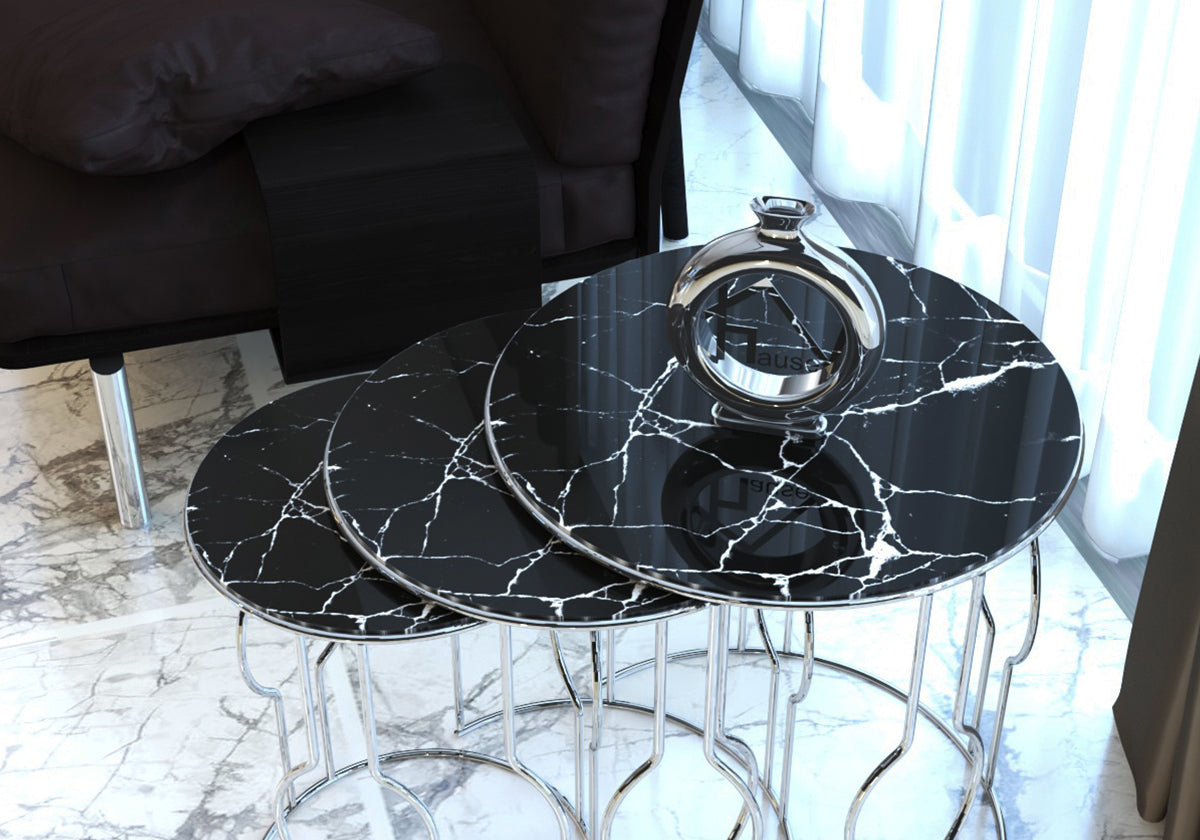 Marbre noir brillant verre incassable Table gigogne en métal argenté MELODİ